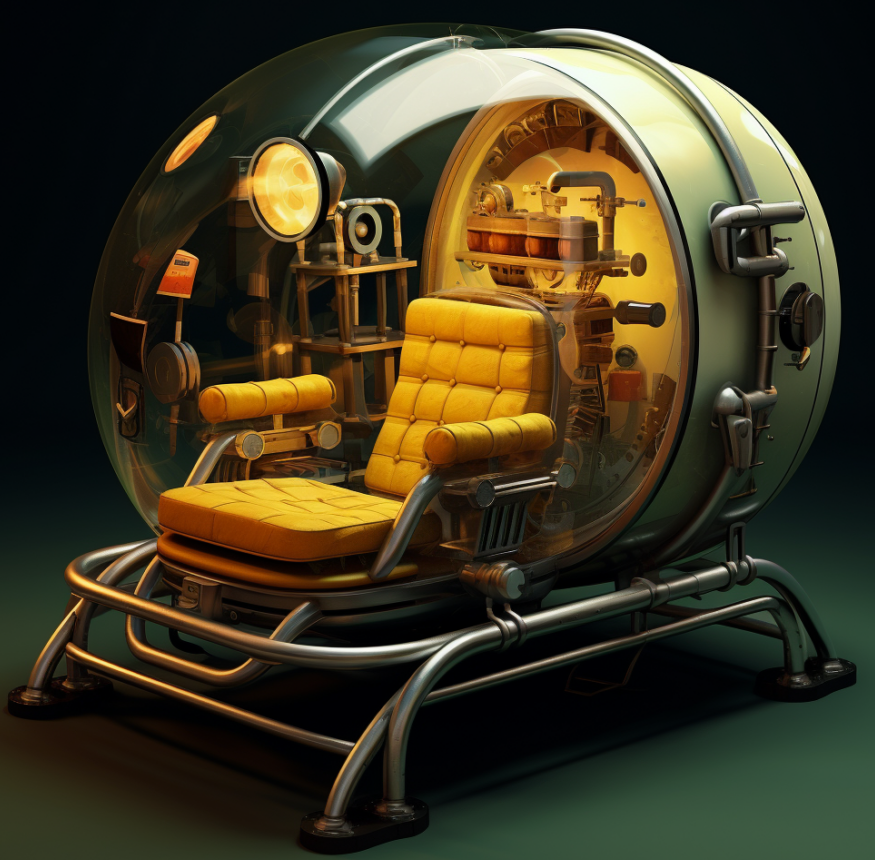A 1970s SciFi Iron Lung featuring a mustard-coloured plush chair inside a glass dome