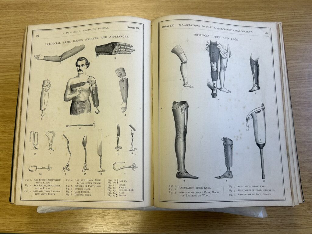 A double-page spread from a medical text showing drawings of artificial limbs