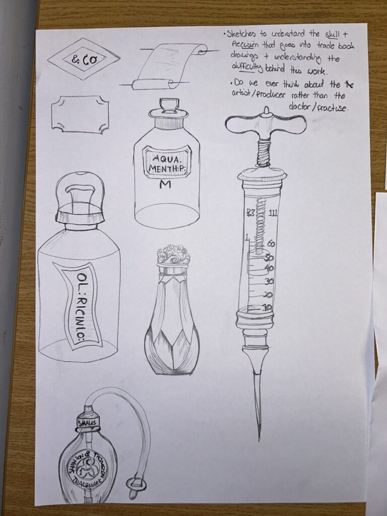 A page of sketches showing medical devices including a syringe and pharmacy bottles